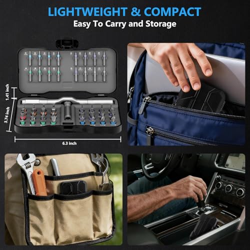 50-in-1 Magnetic Ratchet Screwdriver Set, S2 Steel T Handle Repair Tool Kit | Furniture, Computer, Bicycle, Appliance, DIY, Electronics, Portable Case, 48 Bits, Color-Coded, 80% Effort-Saving