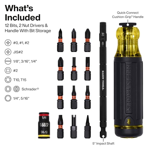 Klein Tools 32304 Screwdriver, 14-in-1 Adjustable Screwdriver with Flip Socket, HVAC Nut Drivers and Bits, Impact Rated - size: 14-in-1
