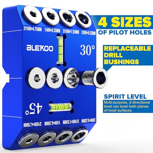 BLEKOO Angled Drill Guide Jig with Level, Drill Guide with 4 Bits for Wood Posts & Cable Railing Lag Screw Kit, Durable All Metal Drill Jig for Drilling 30°, 45°, 90° Degree Angle Holes (Blue-Level) - color: Blue-level