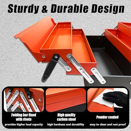 YATOINTO Metal Cantilever Tool Box, 18" * 8" * 8" Fold Out Tool Organizer with 3 Layers & 5 Trays, Portable Storage for Home, Studio, Auto Repair & Factory (Orange)