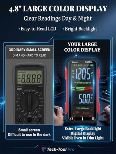 USB Rechargeable Digital Multimeter 6000 Counts Large Color Screen & Backlight FS899L Smart Auto Ranging Multimeter True RMS Digital Voltmeter Multi Meter Digital Tester for Automotive Home