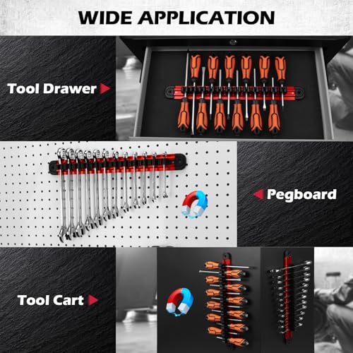 SEDY Magnetic Screwdriver Organizer and Wrench Organizer, 14-Slot Screwdriver and Wrench Holder, Magnetic Aluminum Rail Tool Organizer for Tool Box Drawer Wall-Mount Storage, Red (Tools not Included) - style: 1-Pack Red (14-Slot)