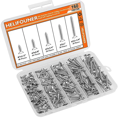 #7 x 1/2" 5/8" 3/4" 1" 1-1/4" Wood Screws Set, HELIFOUNER 160 Pieces Phillips Countersunk Head Self-Tapping Screws Assortment Kit, Phillips Flat Head Wood Screws, 304 Stainless Steel - size: #7