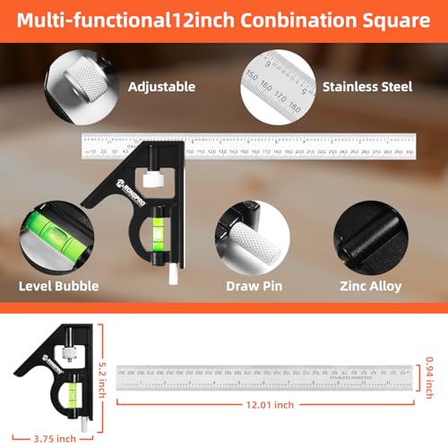 Aluminum Alloy 12in Carpenter Square and 12in Zinc-Alloy Combination Square Set, CNC-Machined with Woodworking Pencil, Carpenter Measuring Layout Tool for Woodworking and Home DIY. - size: 12+12 inch