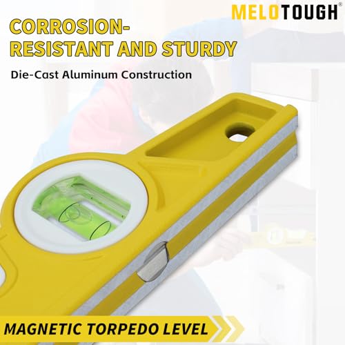 MELOTOUGH 10 Inch Die-Cast Aluminum Magnetic Torpedo Level,Small Magnetic Level for Construction,Carpentry,Scaffolding,Torpedo Level with Rare Earth Magnet,Pencil and Holster,Yellow - color: Yellow-1pcs
