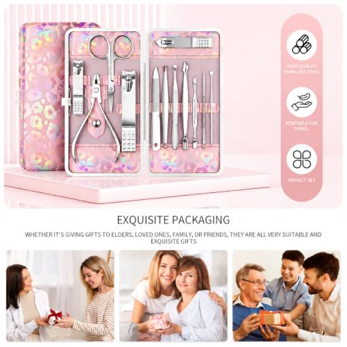 ZIZZON Nail Clippers Kit Manicure Pedicure Set with Holographic Case(Pink) - color: Pink