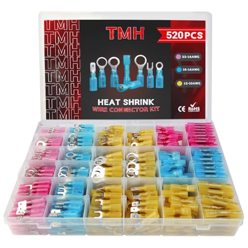 TMH 520 Pcs Crimping Tool for Heat Shrink Connectors Marine Grade Heat Shrink Wire Connectors, Waterproof Butt Connector AWG 22-10 Electrical Ring Fork Spade Splice - size: 520