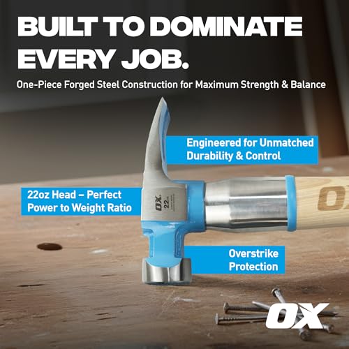 OX Pro Framing Hammer 22 oz Milled Face with Curved Hickory Wood Handle Hammer with Steel Overstrike Protection - Martillos De Carpintero - style: 22-oz Hammer + Steel Shaft