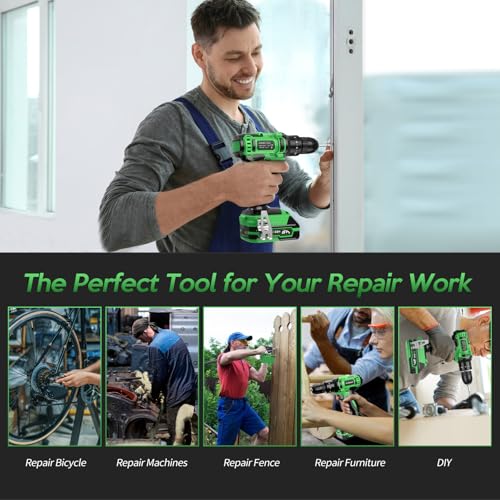 20V Cordless Drill, Electric Power Drill Set with Battery Charger and Carrying Case, 3/8” Keyless Chuck, 2 Variable Speed, 18+3 Torque, 72pcs Driver Bits and Belt Hook, Green