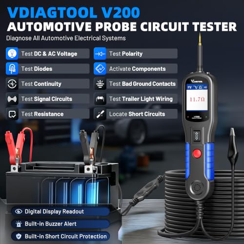 VDIAGTOOL V200 Automotive Circuit Tester, Power Circuit Probe Tester Kit, 12V-24V Short/Open Circuit Finder, AC/DC Diode Resistance Relay Fuse Component Test, Digital Voltmeter Ohmmeter, 40FT Cables