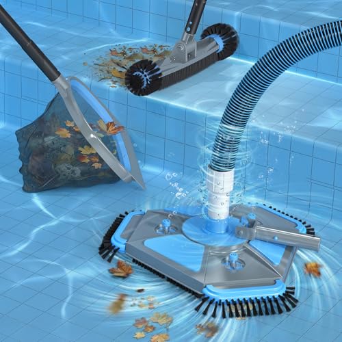 UIRWAY 4-in-1 Deluxe Swimming Pool Cleaning Kit - Includes Upgrade Triangular Pool Vacuum Head, Detachable Brush, Deep Leaf Skimmer Net, Adjustable Aluminum Pole Inground & Above Ground Pools - size: 13.7" Vacuum Head