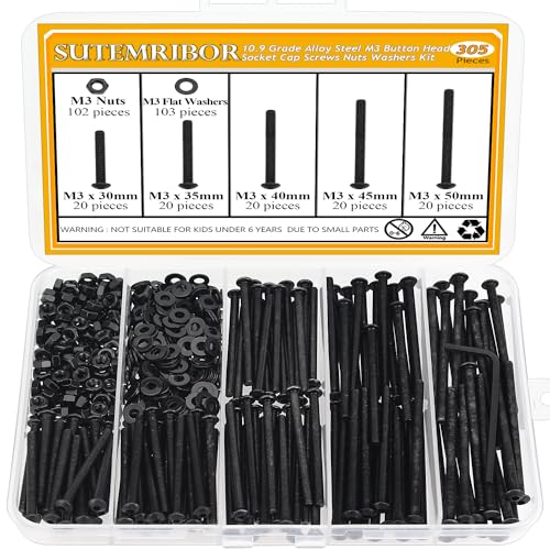 305 Pieces M3 x 30/35/40/45/50mm Button Head Socket Cap Screws Nuts Washers Set Black, Sutemribor M3 Long Screws, M3 Black Screws Nuts Washers Assortment Kit, 10.9 Grade Alloy Steel, Fully Threaded - size: M3 x 30-50mm, style: Button Head