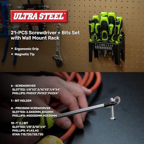 21PC Screwdriver and Bit Set, Plastic Storage Rack