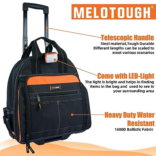 MELOTOUGH LED-Light Rolling Tool Bag Heavy-Duty 18" Wheeled Tool Organizer with Telescoping Handle for Electrician,Construction,HVAC,Service Technician,Plumbers, Repairs,Mechanic - color: Orange Rolling Tool Bag