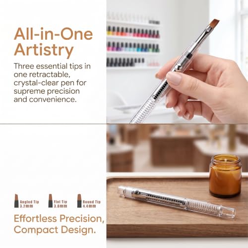 Nail Art Brushes Set, 3-in-1 Clean Up Brushes with Angled/Flat/Round Tips, French Tip Brush, Gel Polish Liner Brush, Nail Art Tools for Design Painting DIY