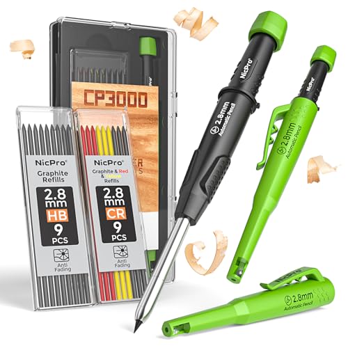 Nicpro Carpenter Pencil with Sharpener & Holster, Construction Pencil-Black - color: Black with Green