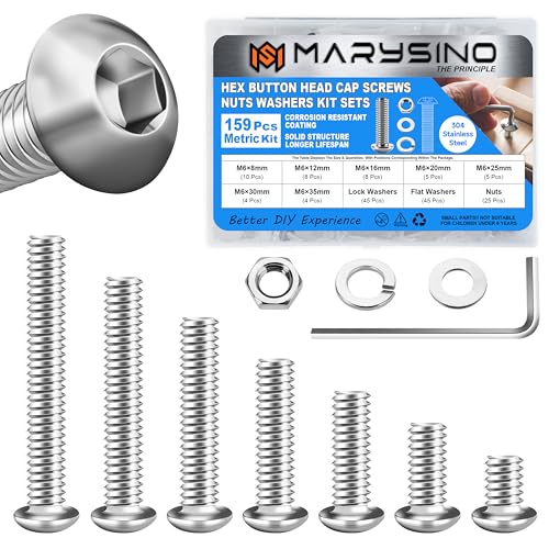 159 Pieces M6 Screw, Button Head Socket Cap Metric Screws Assortment Kit, 304 Stainless Steel Bolts and Washers/Nuts/Hex Wrenches M6*8/12/16/20/25/30/35mm - size: 159Pcs M6
