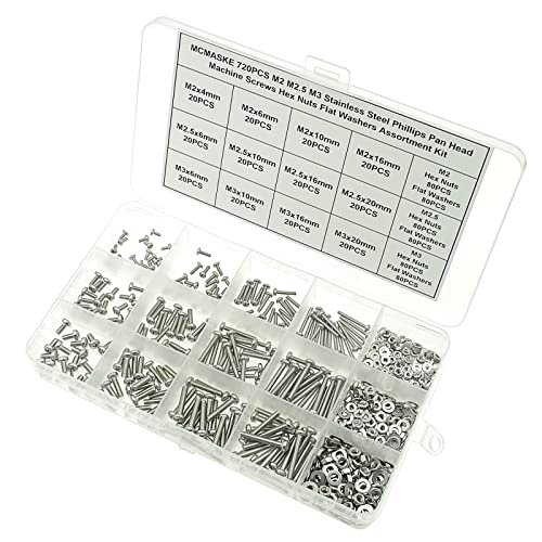 720PCS M2 M2.5 M3 Stainless Steel Phillips Pan Head Machine Screws Nuts Flat Washers Assortment Kit - size: M2, M2.5, M3