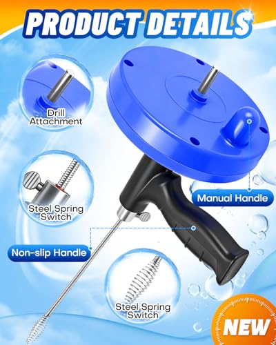 Drain Auger, 25FT Drain Snake with Drill Adapter, Flexible Plumbing Snake Clog Remover with Gloves & Cloth Bag, Use Manually or Powered for Kitchen Bathroom Shower Sink - Blue - color: Bule