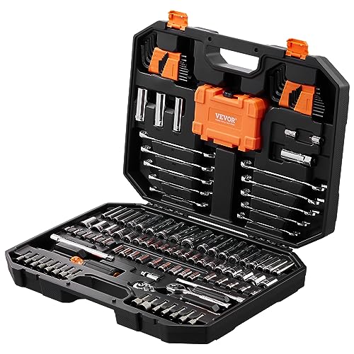 VEVOR Mechanics Tool Set and Socket Set, 1/4" and 3/8" Drive Deep and Standard Sockets, 145 Pcs SAE and Metric Mechanic Tool Kit with Bits, Combination Wrench, Hex Wrenches, Accessories, Storage Case - size: 145-PCS