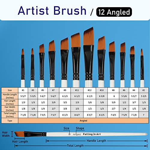 Falling in Art 12 PCS Professional Angled Paint Brushes Set - size: 12 Pcs Angled Nylon