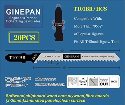 Jigsaw Blades T Shank 20PCS T101BR with Storage Case | Compatible with Bosch Dewalt Black and Decker Jig Saw Blades Set for Wood, 4 in. 10 TPI Fast & Accurate Cuts （Tooth Down） - style: T101BR-20