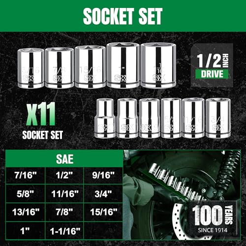 SK 1/2" Drive Socket Set, SAE Sockets, 11-Piece 7/16" to 1-1/16" - size: Shallow, style: SAE