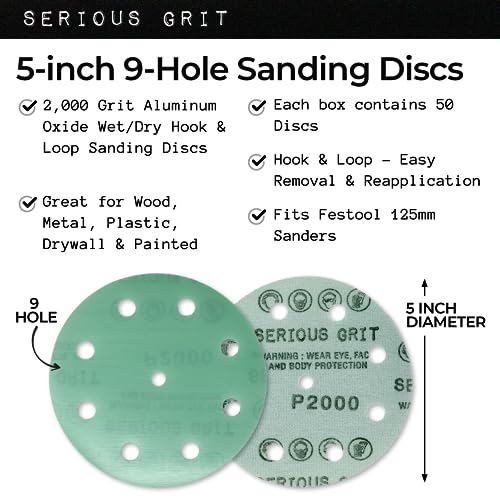 Serious Grit - 5-Inch 9-Hole P2000 Grit Sanding Discs - 50 Pack Box - size: 2000 Grit