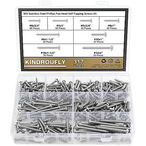 317 Pieces #6#8#10#12 Phillips Pan Head Self-Tapping Screws, Wood Screws Assortment Kit, 304 Stainless Steel - size: #6#8#10#12