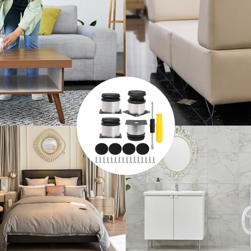 Furniture Cabinet Metal Legs Adjustable Stainless Steel Kitchen Feet Round Black and Silver 50 x 50mm Pack of 4