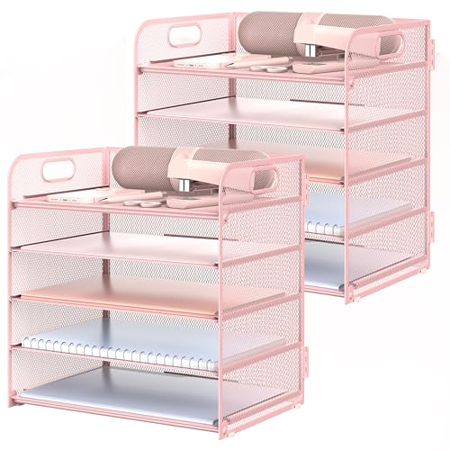 2 Pack Letter Tray 5-Tier Desk Organizer File Paper Holder with Handle, Metal Desktop Document Shelf Tray Office Classroom Organization - Pink - color: Pink