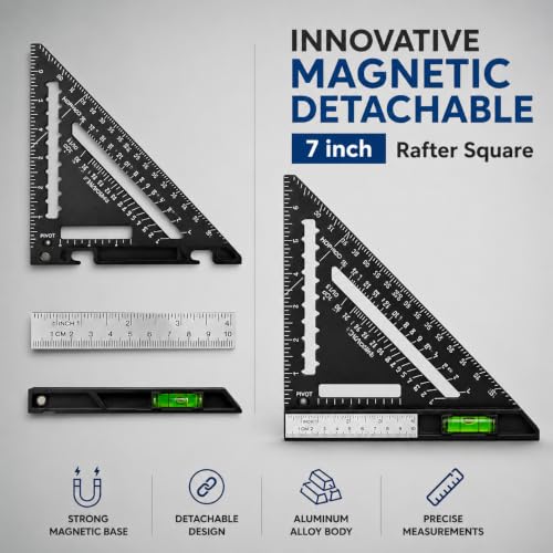 7 Inch Rafter Square with Level – Aluminum Alloy Carpenter Triangle Ruler, Woodworking Layout Tool with Detachable Stainless Steel Ruler & Anti-Glare Matte Finish for Framing, Marking & Measuring