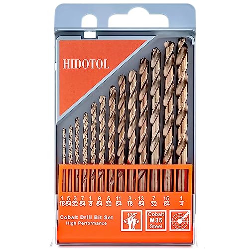 HIDOTOL 13 PCS Cobalt Drill Bit Set M35 HSS Twist Drill Bits 1/16"-1/4" for Hardened Metal, Stainless Steel, Cast Iron, Plastic and Wood - size: Cobalt 13 PCS