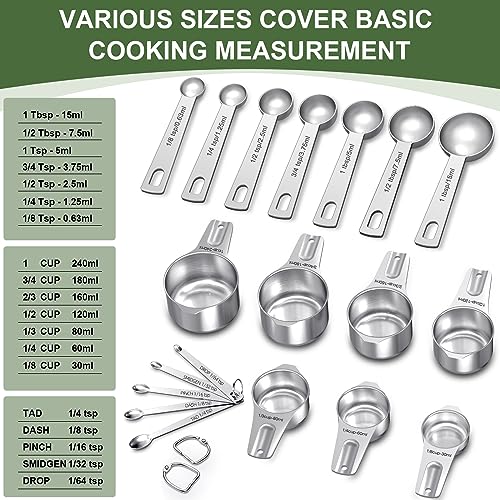 EWFEN Measuring Cups and Spoons Set, 7 Stainless Steel Nesting Measuring Cups & 7 Spoons, 5 Mini Measuring Spoons & 2 Detachable Rings, Kitchen Gadgets for Cooking & Baking, Round - color: Round Spoons