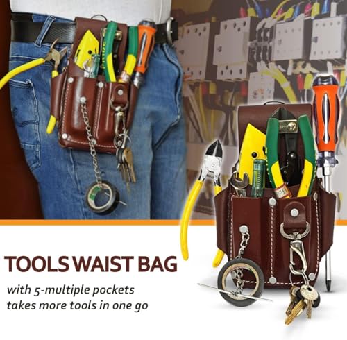 Ap-Leather Pro-5 Electrician Pouch, Leather Tool Pouch, 5 Pocket Pouch with Electrical Tape Holder, Durable Compartments, Tool Pouch with Belt Clip, Dark Brown - color: Maroon