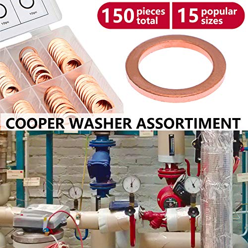 Toolwiz 150PCS 15 Sizes Copper Washers Metric Sealing Assortment M17.5-M5 | Flat Ring Sump Plug Crush Washer Oil Drain Plug Gasket Seal Assortment Set M5/6/7/8/10/10.5/11/12/12.5/14/15/16/16.5/17.5