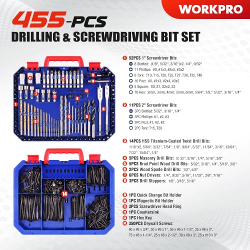 WORKPRO Drill Bit Set, 455Pcs Drill Bits and Screwdriver Bit Set w/Screws