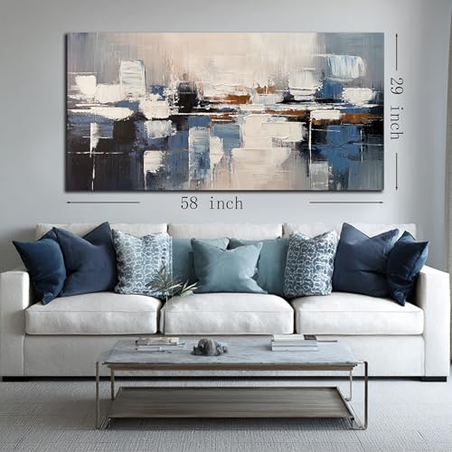 AUUZAIUA Abstract Canvas Wall Art Blue and White Oil Painting 29x58 Inch - size: 29"L x 58"W
