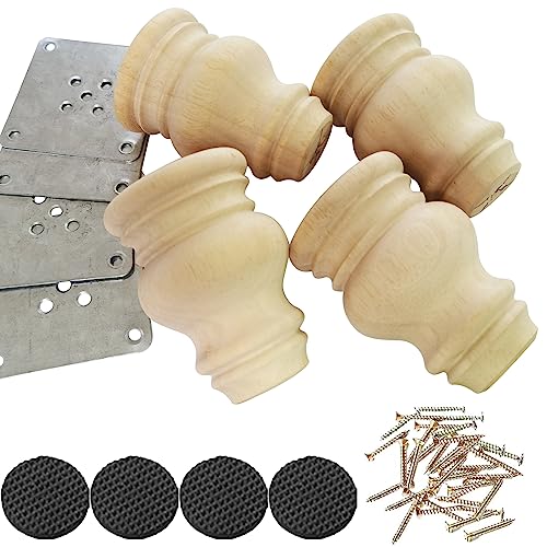 Wooden Furniture Legs, Solid Wood Unpainted Replacement Furniture Legs, Kitchen Dining Table Legs/Desk/Sofa/Bookcase Bun Feet, DIY Wooden Round legs with Mounting Plate & Screws Set of 4 (4 Inch) - size: 4 Inch