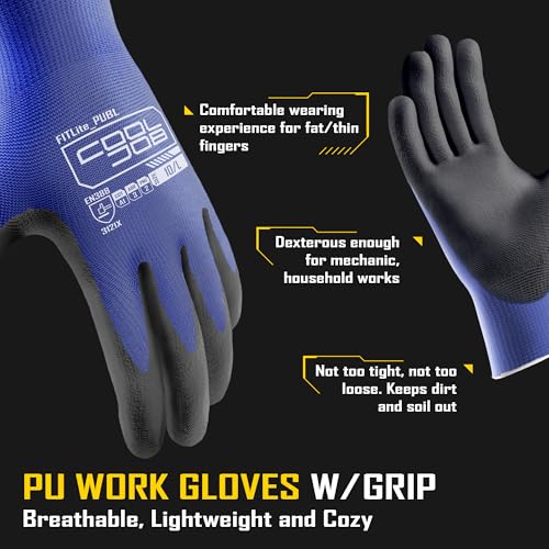 COOLJOB 60 Pairs Safety Work Gloves Pack Bulk with Grip PU Coating - color: Blue, size: Medium (Pack of 60)