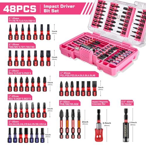 Geinxurn 48Pieces Impact Screwdriver Bits Set, Magnetic S2 Steel Phillips/Slotted/Square/Torx Insert Power Bits Tips, Impact Bit Holder with Pink Storage Box Case - style: STKB048-PK