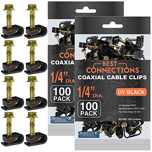 BEST CONNECTIONS Coaxial Cable Clips with Pre-Inserted Screw (200 Pack) – Black Single Cable Mounting Clamps for Coax Cable (RG6, RG59) and Ethernet Cable – Cord Fastener/Strain Relief Clip - style: 200 PACK