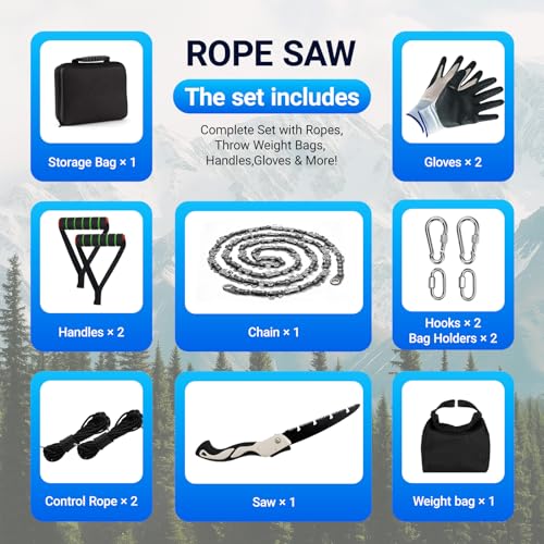 Upgrade Loggers Art Gens Rope Saw for Tree Limbs, 55" Hand Rope Chain Saw with 72 Sharp Teeth & 46 Feet Ropes Kit for Camping Survival and Tree Pruning - size: 48 inch