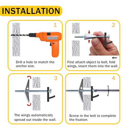 Toggle Bolts for Drywall 30 Sets, 3 Sizes Hollow Wall Anchors Kit with Bit