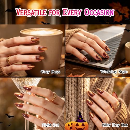 Beetles Cat Eye Press On Nails Short Almond, 32PCS, Pumpkin Spice Halloween - color: 3A - Burnt Caramel - S