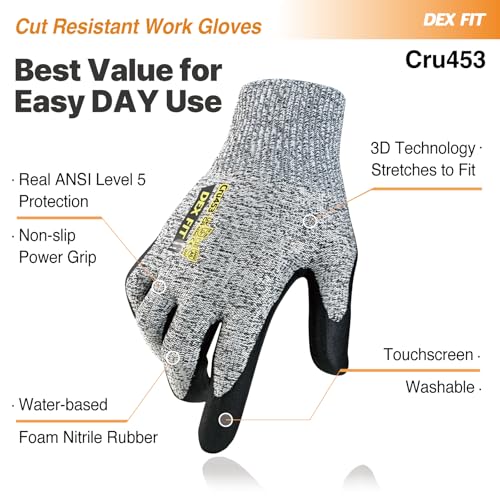 DEX FIT Cut Resistant Gloves Cru453 - ANSI A5, 3D Comfort Fit, Power Grip, Thin & Breathable, Touchscreen - Mechanic, Warehouse, Package Handler Gloves for Men & Women; Gray, L (9), 1 Pair - size: Large