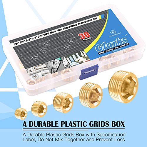 Glarks 30Pcs Brass 1/8'' 1/4'' 3/8'' 1/2'' 3/4'' NPT Male Pipe Plug Fitting Set Internal Hex Thread Socket Pipe Plug Assortment Kit - size: 1/8''-3/4''NPT Assorted