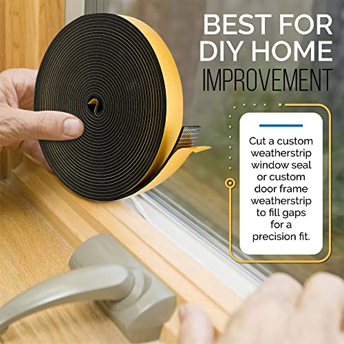 High Density Foam Weather Stripping Door Seal Strip Insulation Tape Roll for Insulating Door Frame, Window, Air Conditioner | Self Adhesive Sealing Weatherstrip (Black, 1 in x 1/4 in x 30 Ft) - color: Black, size: 1 In x 1/4 In x 30 Ft