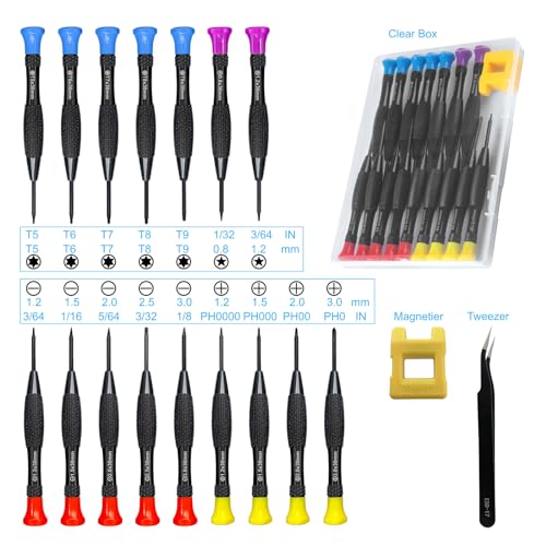 18PCS Mini Precision Screwdriver Set With Case, Lengnoyp Magnetic Small Flathead Phillips Pentalobe Torx Star Screwdriver Set Kit and Tweezers for Repairing Computer Eyeglass Phone Watch