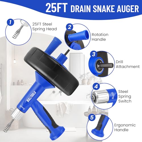 BULLTOOLS Drain Snake, 25FT Drain Auger with Drill Adapter, Flexible Snake Drain Hair Removal Tool for Kitchen Sink, Bathtub, and Shower Comes with Gloves and Storage Bag